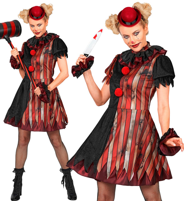 Gemene clownsjurk dames in rood en zwart met gepunte zoom en rode pompons voor Halloween