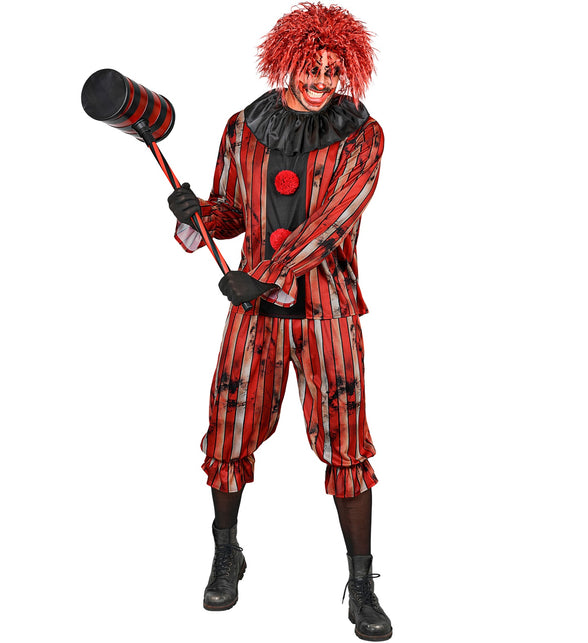 Gemene clown kostuum heren volledig gedragen, wijde gestreepte broek met gerimpelde boord onder de knie