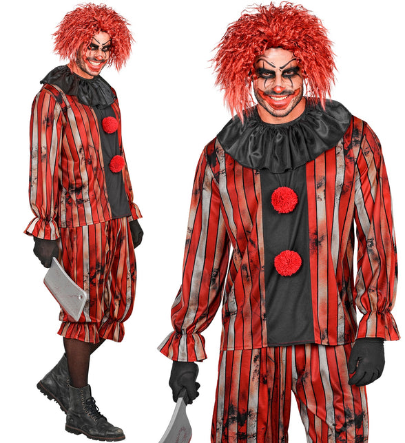 Gemene clown kostuum heren met rood gestreepte jas, zwarte plooikraag en rode pompons voor Halloween