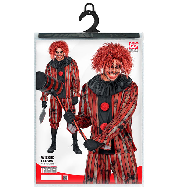 Verpakking van het gemene clown kostuum heren met jas, plooikraag en broek in maten S tot XXL