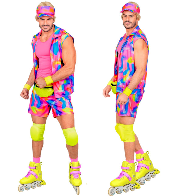 Jaren 80 rollerblader kostuum heren van voren en van de zijkant, felroze en blauwe neonprint