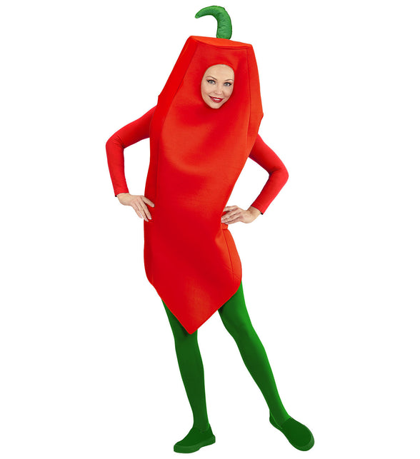 Chilipeper pak achterkant, grappig rode peper groente kostuum heren