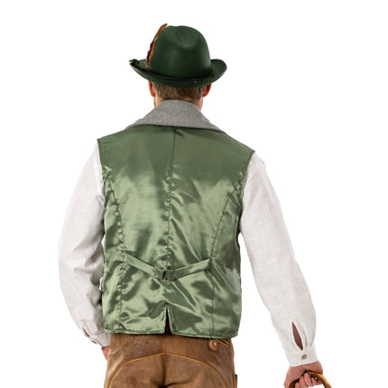 Achterkant tiroler gilet Bert met groen glanzend rugpand en verstelbare band met metalen gesp