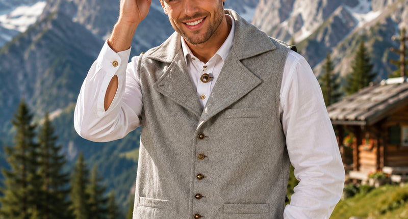 Tiroler gilet Bert in grijs met brede revers en zes knopen, gedragen door heer op Oktoberfest
