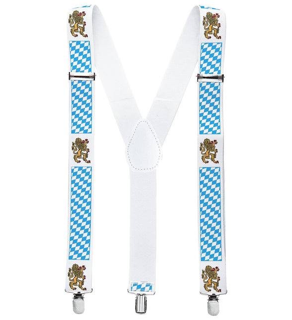 Bretels Beieren in blauw-wit ruitpatroon met gouden leeuwen en drie metalen clips