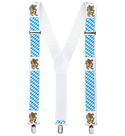 Bretels Beieren in blauw-wit ruitpatroon met gouden leeuwen en drie metalen clips