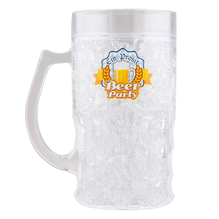Bierpul dubbelwandig groot, transparante kunststof pul met bevroren vulling en Beiers Ein Prosit-logo voor Oktoberfest