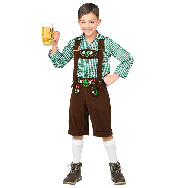 Beiers kostuum Rick jongen met bruine lederhose, bretels en groen-wit geruite blouse voor Oktoberfest