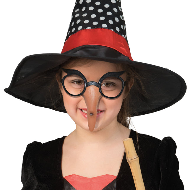 Bril met heksen neus gedragen onder zwarte punthoed, zwart montuur met lange puntneus voor Halloween