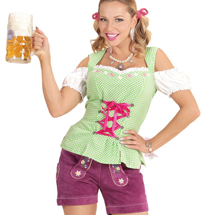 Beierse blouse dames gedragen met korte lederhosen tijdens een bierfeest, groen geruit met hartvormig lijfje