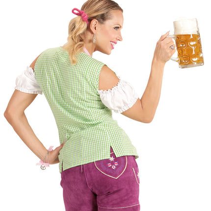 Achterkant van de beierse blouse dames met doorlopend groen-wit ruitpatroon en split aan de onderzoom