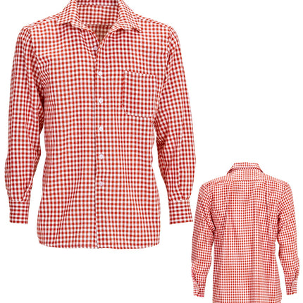 Beiers shirt rood voor- en achterkant met witte knopen en borstzakje