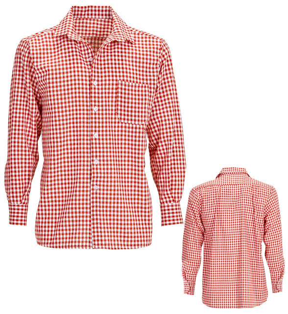 Beiers shirt rood voor- en achterkant met witte knopen en borstzakje