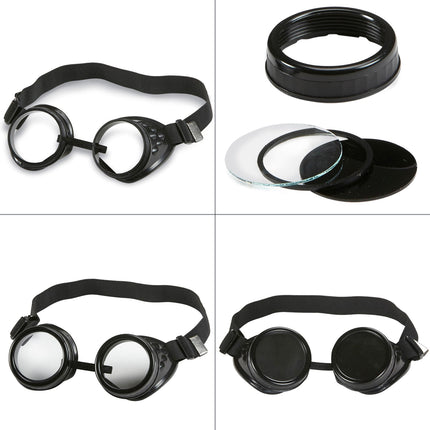 Detailfoto's aviator bril: heldere glazen, donkere glazen, schroefring en elastieken band met gesp