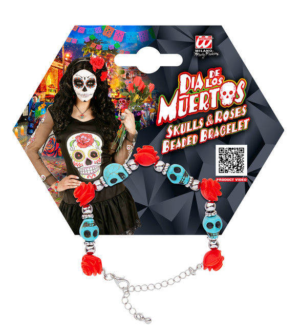 Armband met schedels en rozen op Widmann verpakking met Dia de los Muertos-thema