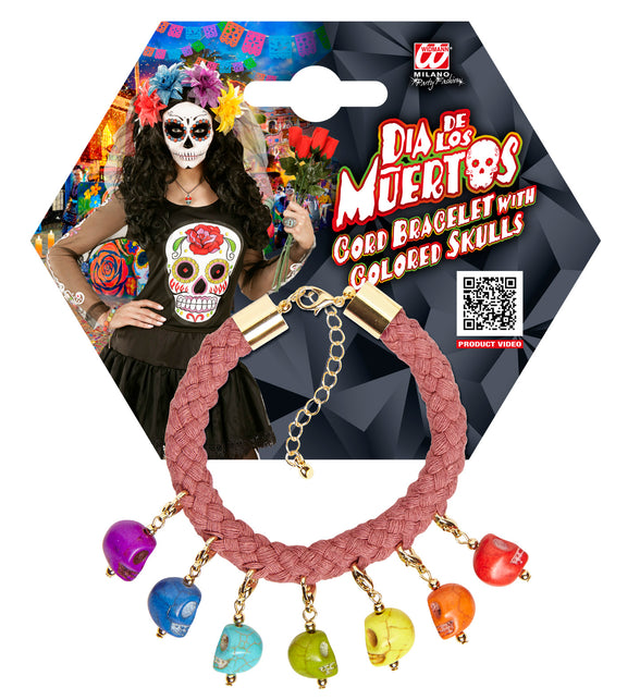 Armbandje met doodskopjes van Widmann op verpakkingskaart met Dia de los Muertos-thema