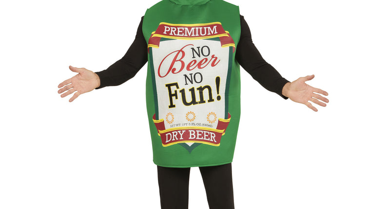 Bierfles kostuum unisex in groen met rode dop en wit bierlabel op de voorkant, voor Oktoberfest