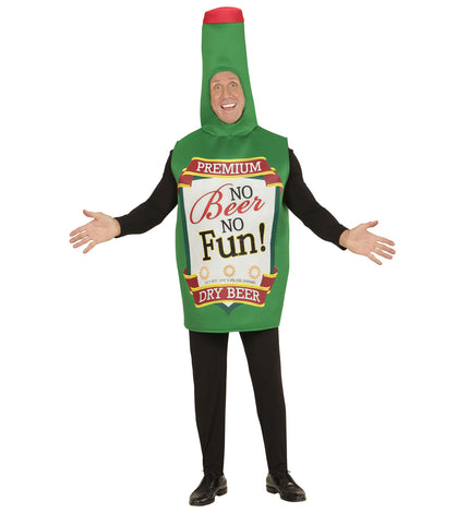 Bierfles kostuum unisex in groen met rode dop en wit bierlabel op de voorkant, voor Oktoberfest