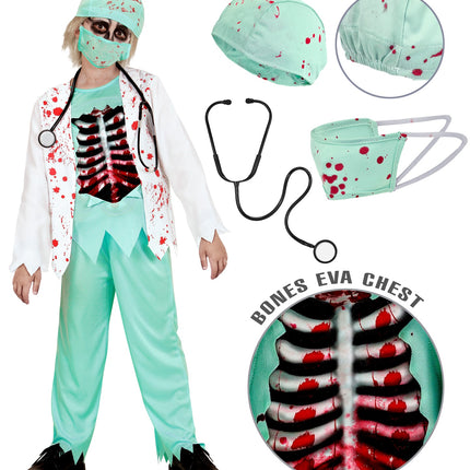 Onderdelen zombie dokter pak kind: bebloede muts, gezichtsmasker, stethoscoop en botten-print op shirt