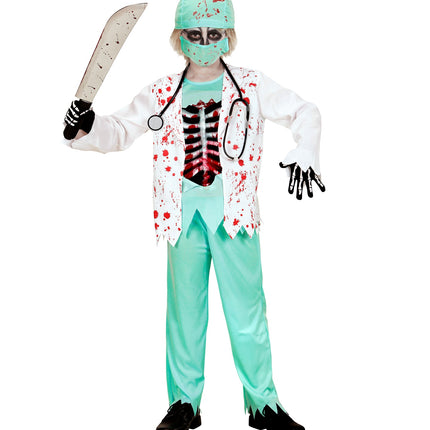 Zombie dokter kostuum jongens met gerafelde zomen en bloedspatten, gedragen op een griezelfeest