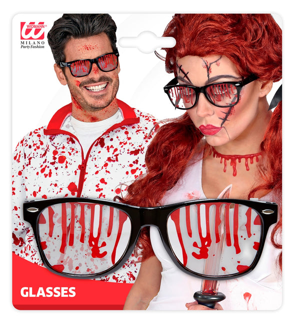 Bril met bloeddruppels op verpakking, gedragen door man en vrouw met bloedlook voor Halloween