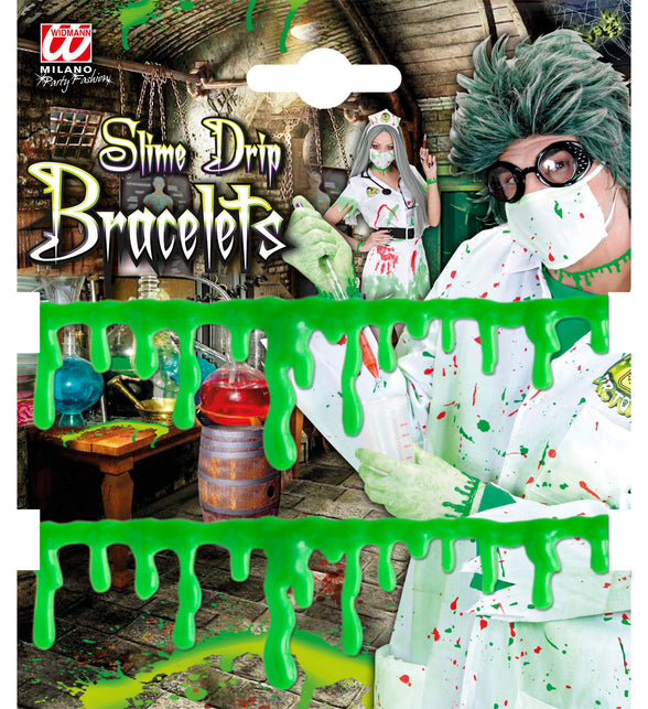 Verpakkingskaart met twee gifgroene slijmarmbanden voor Halloween