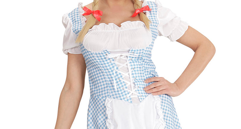 Beiers Dirndl jurkje Erika in blauw-wit ruitje met wit schortje en rode strikjes voor Oktoberfest