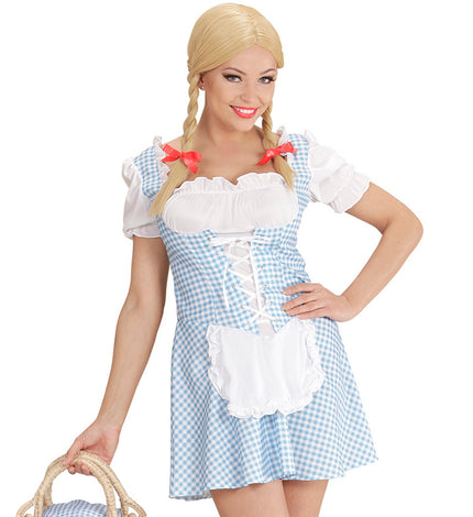 Beiers Dirndl jurkje Erika in blauw-wit ruitje met wit schortje en rode strikjes voor Oktoberfest