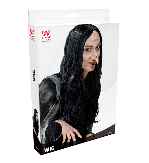 Verpakking van de heksenpruik Amelia zwart van Widmann met de lange zwarte pruik op de voorkant