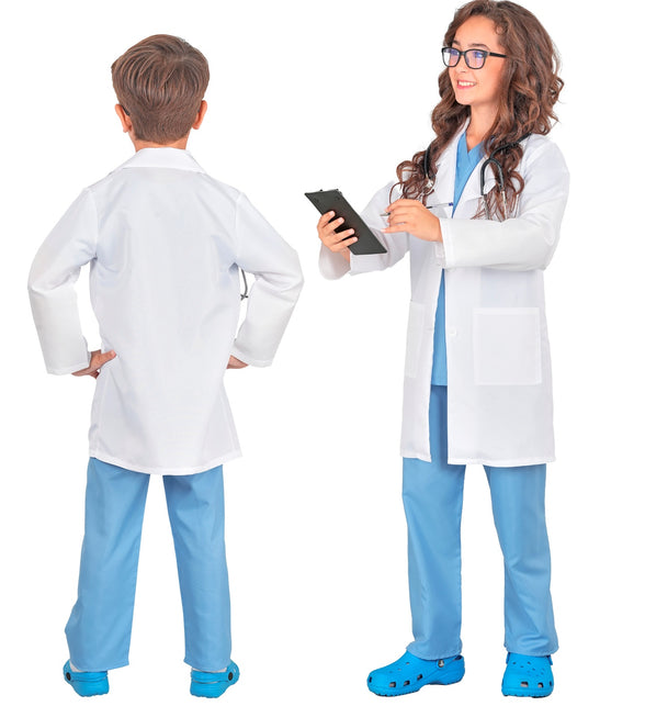 Achterkant van de witte labjas uit het dokterskostuum voor kinderen, met blauwe broek