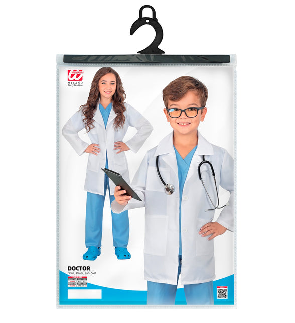 Verpakking dokterskostuum kinderen met shirt, broek en labjas in maten 116 tot 158 cm