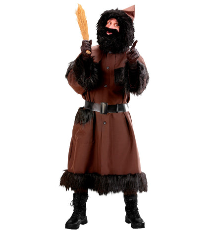 Knecht Ruprecht kostuum heren met kap, kerstman helper kasack met riem vooraanzicht
