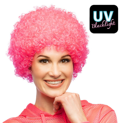 Pruik Curly neonroze UV