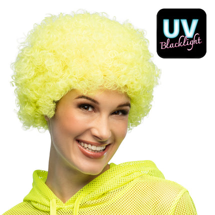 Pruik Curly neongeel UV
