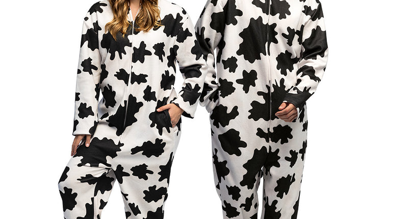 Wit pluche koeienpak volwassenen jumpsuit