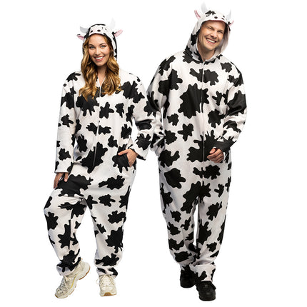 Wit pluche koeienpak volwassenen jumpsuit