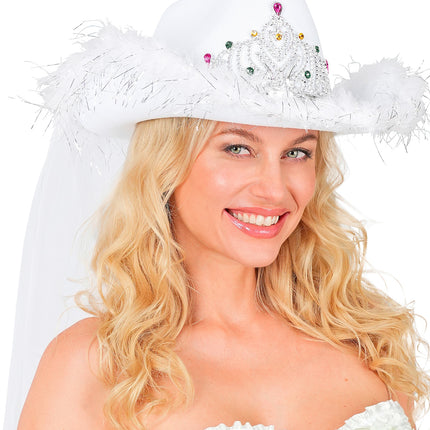 Hoed vrijgezellen party bruids met tiara marabou en sluier voor dames detailopname – hoeden
