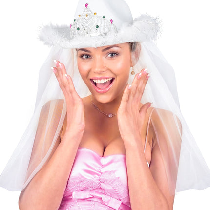 Hoed vrijgezellen party bruids met tiara marabou en sluier voor dames sfeerbeeld – hoeden