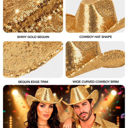 Detailbeeld van gouden pailletten, randafwerking en brede gebogen cowboyrand