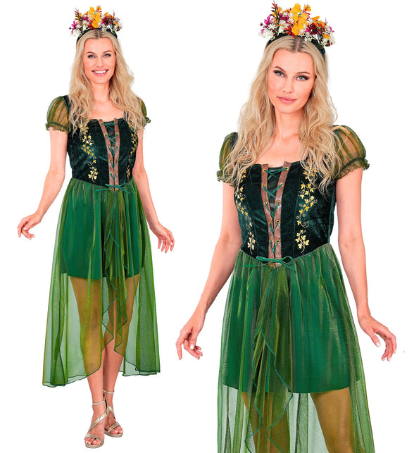 Woud koningin jurk dames in groen met fluweelachtig veterlijfje en tulen rok voor een sprookjesfeest