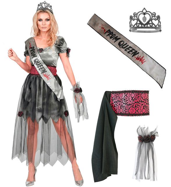 Zombie gala koningin jurk dames met losse onderdelen: PROM QUEEN-sjerp, tiara, rode taillesjerp en pols-corsage