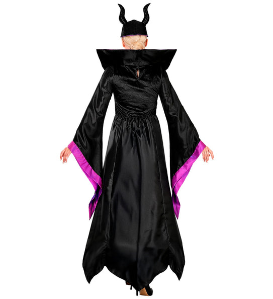 Malefica jurk dames achterkant met hoge zwarte kraag en sluiting in de nek