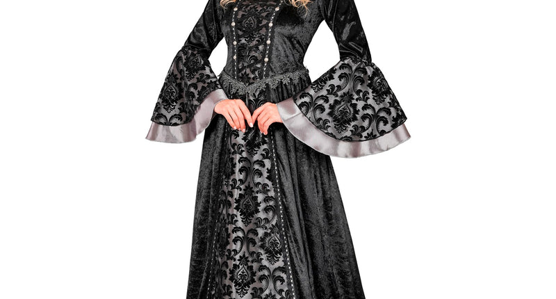 Donkere gravin jurk dames in zwart velours met grijze barokprint en mini hoedje met sluier, voor Halloween