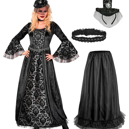 Donkere gravin kostuum dames met jurk, zwarte hoepelpetticoat, kanten choker en mini hoedje met sluier