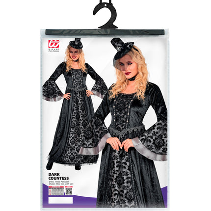 Verpakking van het donkere gravin kostuum Widmann met jurk, hoepelpetticoat, choker en hoedje