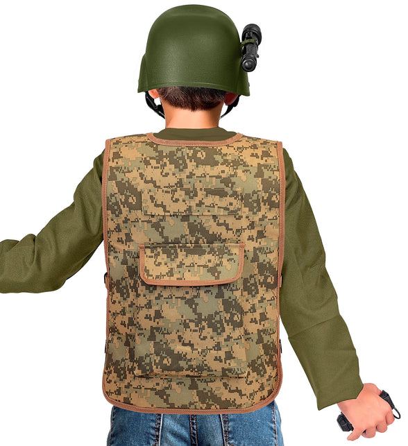 Achterkant camouflage tactisch gilet kind met opgestikte klepzak op het rugpand