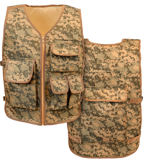Camouflage tactisch gilet voor- en achterkant met bruine biezen en zijbandjes met gespen