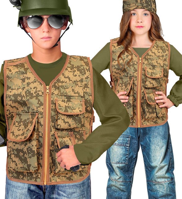 Camouflage tactisch gilet kind met rits en klepzakken, gedragen door jongen en meisje bij legeroutfit