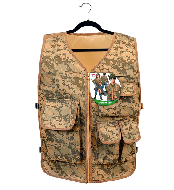 Camouflage tactisch gilet op hanger met beige voering en rits over de volle lengte