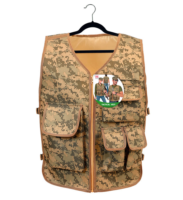 Camouflage tactisch gilet op hanger met digitale camouflageprint en beige biesrand